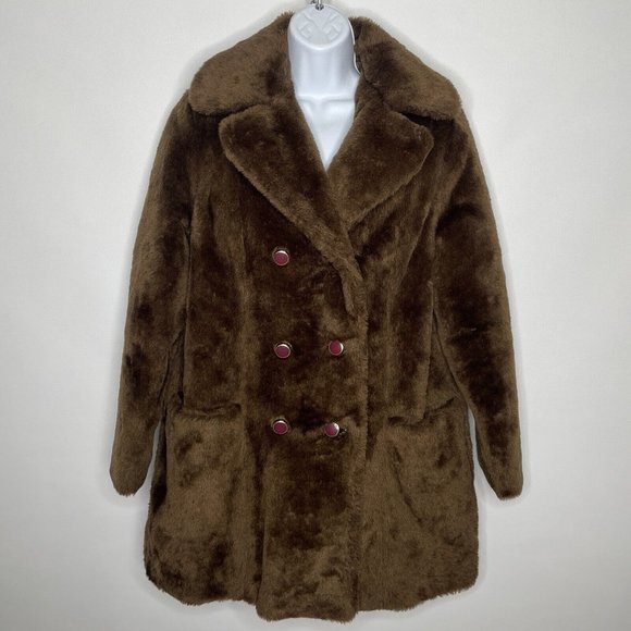 Vintage 70s Double Breasted Button Front Brown Faux Fur Coat Jacket